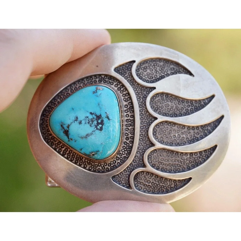 Dan Oliver - Navajo Bear Claw Overlay Sterling Silver Turquoise Belt Buckle‎